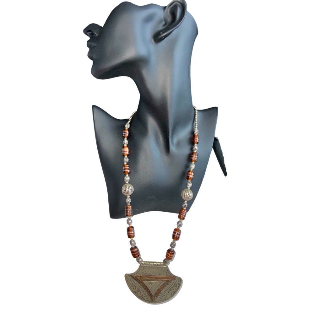 Handmade Necklace Semiprecious Stones Silver Metal Medallion.